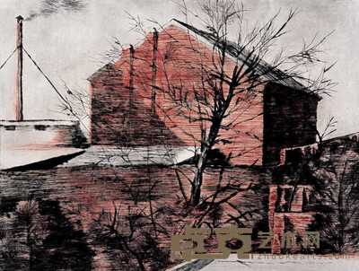 周一清 1999年作 山墙斜阳 51.5×39.5cm